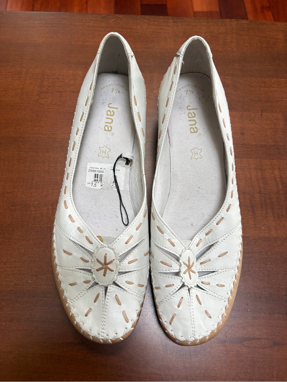 Jana White Leather Slip-On Wedge Flats with Cutout Detail